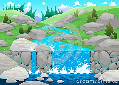 Mountain landscape with river. Vector Illustration