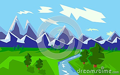 Mountain landscape with river, graphic illustration Cartoon Illustration