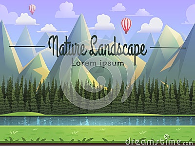 Mountain landscape with river, grass and coniferous forest. Vector illustration. Vector Illustration
