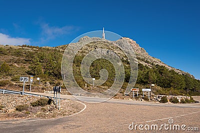 Mountain landscape, Road sign indication to Pena de Francia, Salamanca, Spain. Stock Photo