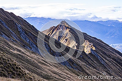 Beautiful landscape of the Mount Aspring mountains from Roys Peak Track South Island New Zealand. Stock Photo