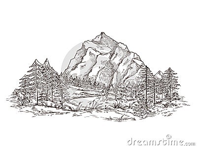 Mountain landscape sketch. Nature doodle drawing, valley panorama. Creative drawing hill, forest and rocks. Vintage Vector Illustration