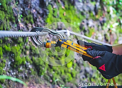 Mountain landscape in Slovakia. Magical forest in natural park .People climbing on steep rock on via ferrata. Editorial Stock Photo