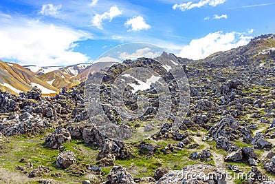 Mountain landscape with snow in Iceland. Valley National Park Landmannalaugar Stock Photo