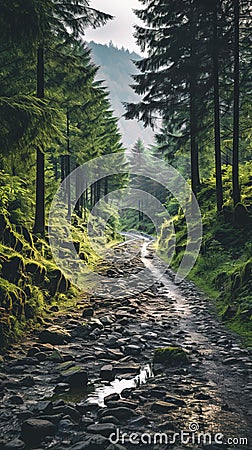 Mountain landscape with a stone road in a wild forest. Stock Photo