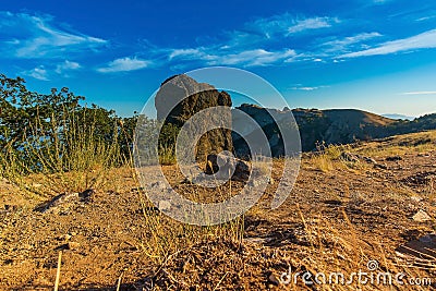 Mountain landscape on a summer day. At the top of the reserve, a view of the Devil`s Finger Mountain Stock Photo