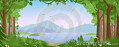 Mountain landscape with summer forest vector illustration, cartoon flat countryside beautiful nature with green trees Vector Illustration