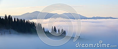 Mountain landscape. Sunrise in the clouds. Dense fog with nice soft light. A nice summer day. Stock Photo