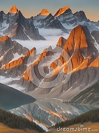 Mountain landscape. Towering peaks, resplendent in warm beige hues Stock Photo