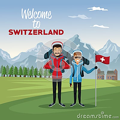 Mountain landscape valley poster with tourist couple people and text welcome to switzerland Vector Illustration