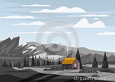 Mountain landscape valley rural countryside, farm house green meadows with mountains panorama horizon in trendy flat Vector Illustration