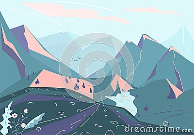 Mountain landscape vector background with hill silhouette, plant, valley, lake and river. Illustration for travel Vector Illustration