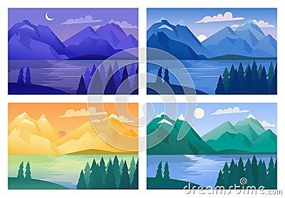 Mountain landscape vector illustration set, cartoon natural landscape backgrounds with green forest and lake in morning Vector Illustration