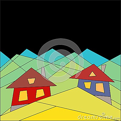 Mountain lifestyle. Houses in the mountains. Flat style. Geometry. Vector Image. Cartoon Illustration