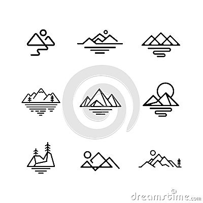 Mountain line logo icon set, geometric hill mount rock vector illustration collection Vector Illustration