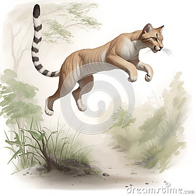 Mountain Lion Jumping. Puma running, animal isolated on white background. For children's books, for cards, Cartoon Illustration