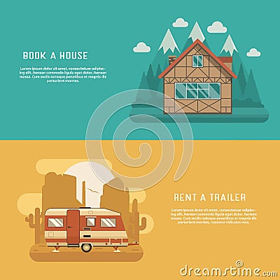 Mountain Lodge and Rv Trailer Banners Vector Illustration