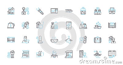 Mountain lodges linear icons set. Panoramic , Secluded, Rustic, Serene, Tranquil, Cozy, Inviting line vector and concept Vector Illustration