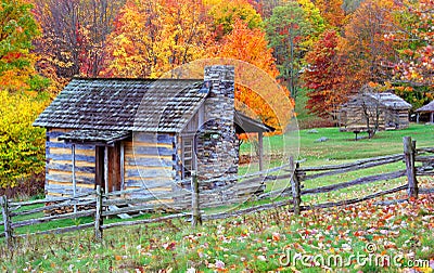 Mountain Log cabins in Fall Stock Photo