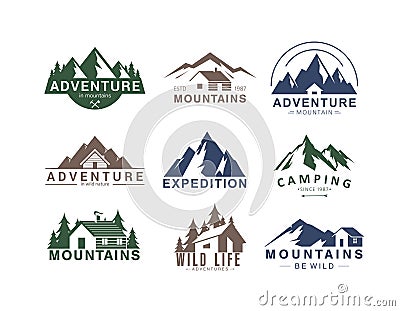 Mountain logo flat vector illustration set of rocky mountain top peaks, camping outdoor adventure expedition, camp life Vector Illustration