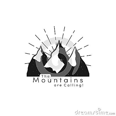 Mountain logo with snow ice tops and retro sun rays in hipster style. Mountain peaks, tourism concept, hiking Vector Illustration