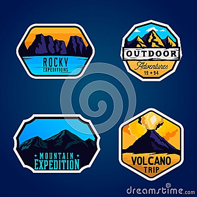 Mountain logotypes, stickers, badges. Outdoor themed labels Vector Illustration