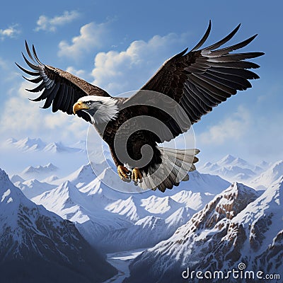 Mountain Majesty - Majestic Lone Eagle Soaring Against Snow-Covered Peaks Stock Photo