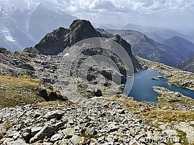 Mountain Majesty: Trailside Views of Lac Blanc, Grand Balcon, Chamonix, France Stock Photo