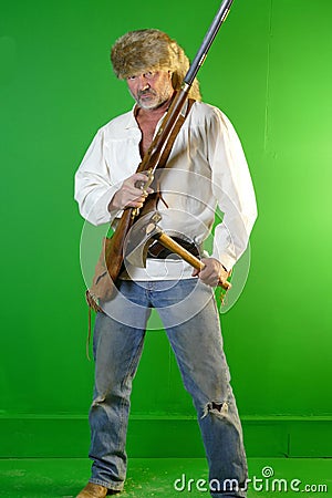 Mountain Man Muzzle Loader, Tomahawk, Knife, Possibles Stock Photo