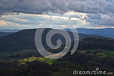 Mountain meadows at autumn illuminated by ray of light, Radocelo mountain Stock Photo