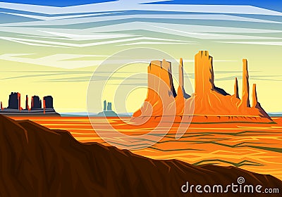 Mountain and Monument Valley, morning panoramic view, peaks, landscape early in daylight. travel or camping, climbing Vector Illustration