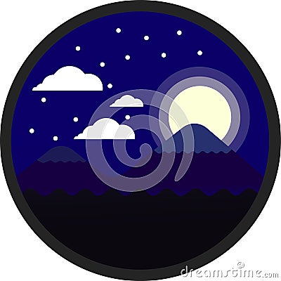 Mountain and moon night with cloud and snow, flat vector and illustration circle landscape Cartoon Illustration