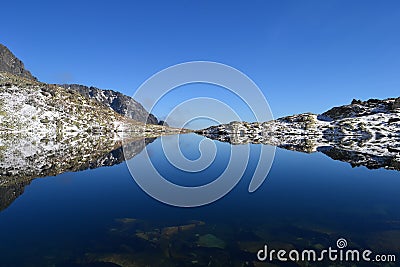 Mountain nature blue sky green park wood clouds lake reflex nice Stock Photo