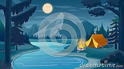 Mountain night camping. Cartoon forest landscape with lake, tent and campfire, sky with moon. Hiking adventure, nature Vector Illustration