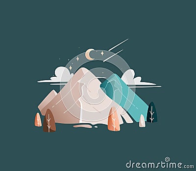 Vector mountain night landscape with several beige and blue mountains Vector Illustration