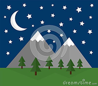 Mountain night landscape vector flat design Vector Illustration