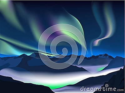 Mountain Night Winter with beautiful light aurora Vector Illustration