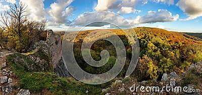 Mountain panorama with autumn forest, Ruin of castle Pajstun - Bratislava, Slovakia Stock Photo