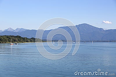 Mountain panorama at lake Chiemsee, Bavaria Stock Photo