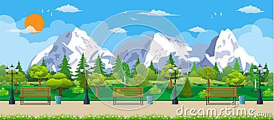 Mountain park concept, wooden bench, Vector Illustration