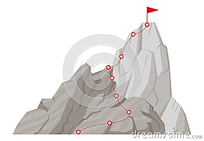 Mountain peak route. Cartoon hiking trip to mountains top, rocky range climbing dotted route with red flag on top flat vector Vector Illustration