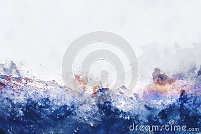 Mountain peak in winter paining in blue tone on white background Stock Photo