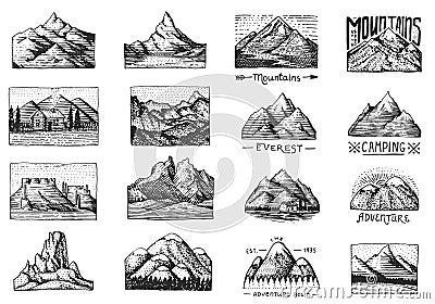 Mountain peaks badges. Set of labels for camping, hiking and hunting. Retro Outdoor adventures logo. Hand drawn engraved Vector Illustration