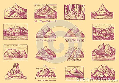 Mountain peaks badges. Set of labels for camping, hiking and hunting. Retro Outdoor adventures logo. Hand drawn engraved Vector Illustration