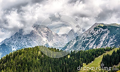 Mountain peeks Jezerska Kocna and Grintavec in Kamnik-Savinja Al Stock Photo