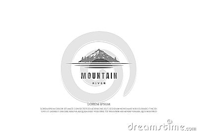 Mountain with Pine Cedar Conifer Cypress Evergreen Tree Forest and Lake River Creek Logo Design Vector Vector Illustration