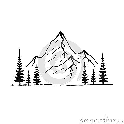 Mountain with pine trees and landscape black on white background. Hand drawn rocky peaks in sketch style. Vector Vector Illustration