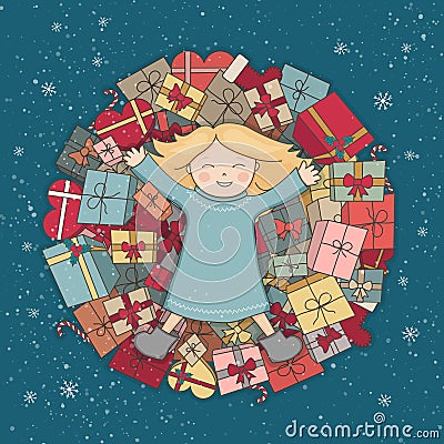 Mountain presents. The child received a gift. Christmas illustration. Vector greeting card Vector Illustration