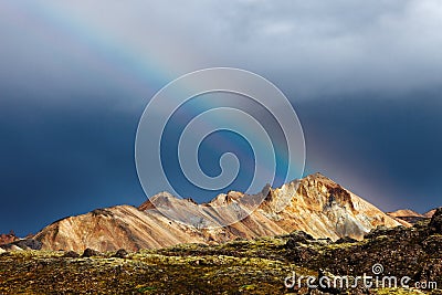 Mountain rainbow in Landmannalaugar Iceland Stock Photo