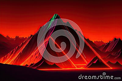a mountain range, dark night and electric orange glow colors, retrofuturistic retrowave style, generative ai Stock Photo